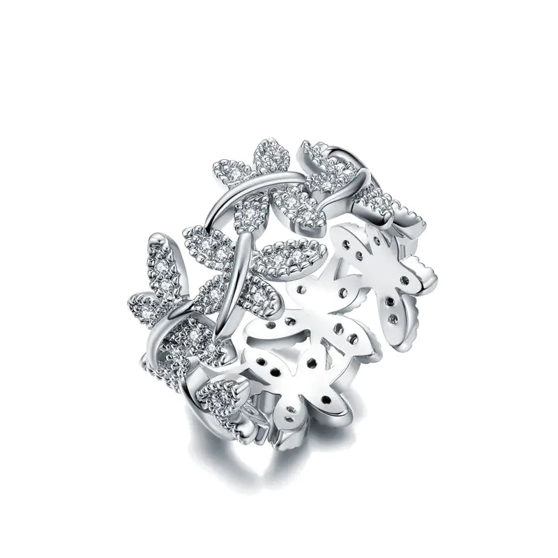 Creative Butterfly Ring with Flower and Leaf Design