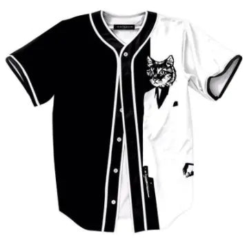 3D Black and White Cat Color Block Short Sleeve Shirt