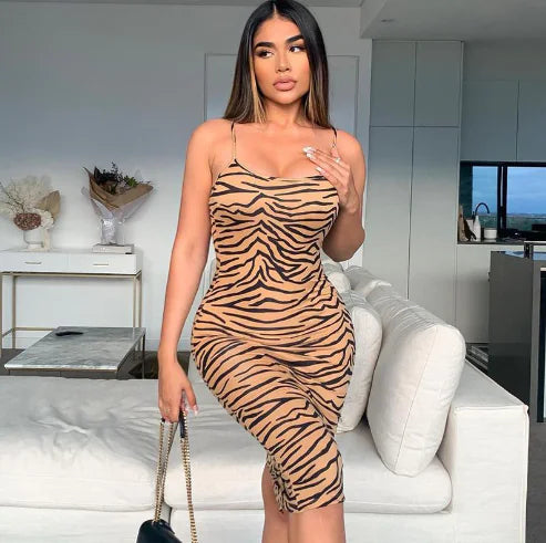 Slim Fit Tiger Print Sleeveless Dress