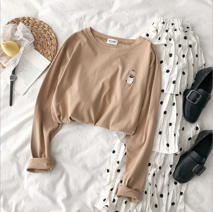 Embroidered Round Neck Loose Long Sleeve T-Shirt