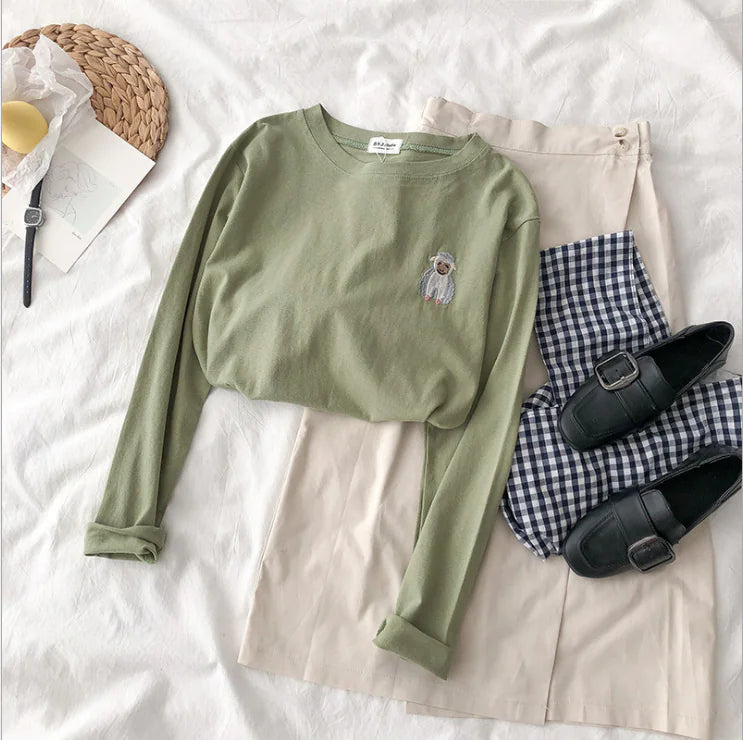 Embroidered Round Neck Loose Long Sleeve T-Shirt