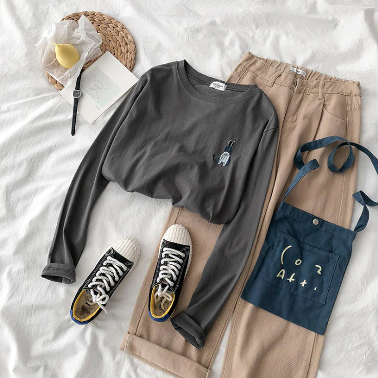 Embroidered Round Neck Loose Long Sleeve T-Shirt