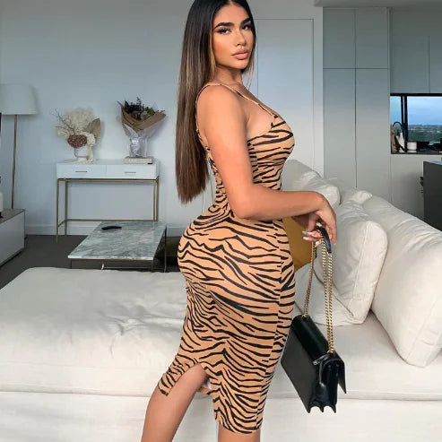 Slim Fit Tiger Print Sleeveless Dress