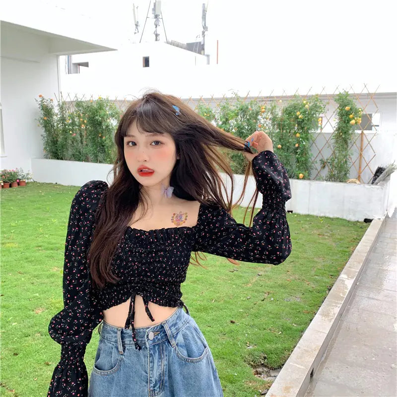 Vintage Floral Chiffon Blouse with Square Neck for Women