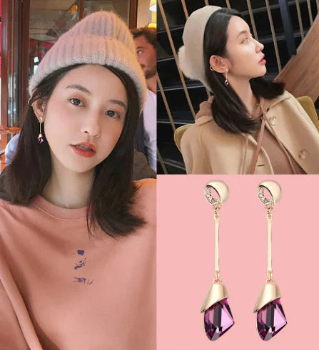 Korean Long Earrings with Diamond Geometric Crystals