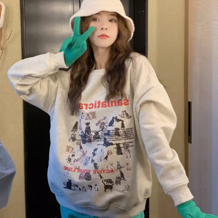 Retro Cartoon Cat and Puppy Gray Sweater