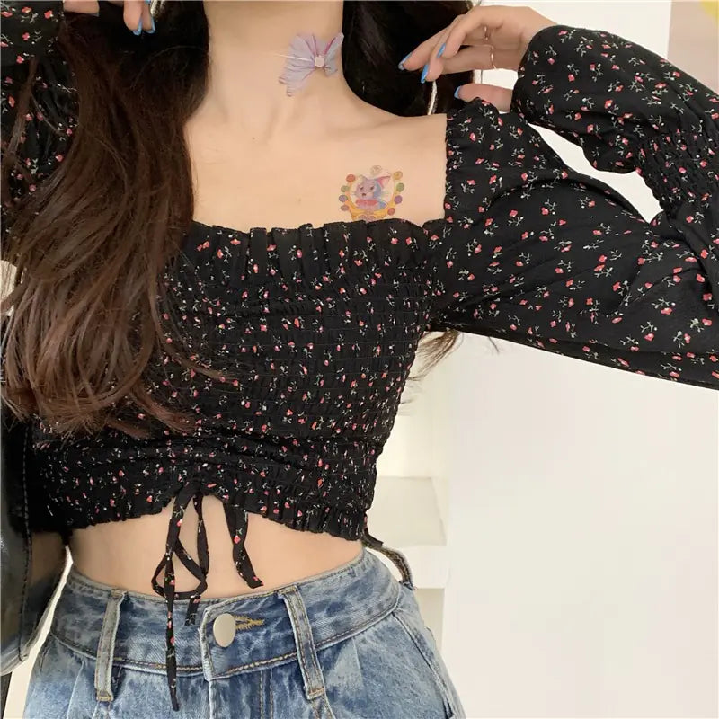 Vintage Floral Chiffon Blouse with Square Neck for Women