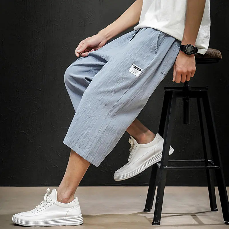 Japanese Plus Size Men's Black Linen Wall Shorts