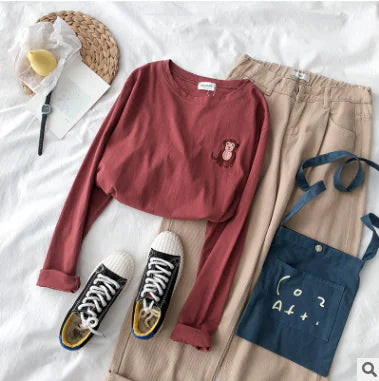 Embroidered Round Neck Loose Long Sleeve T-Shirt