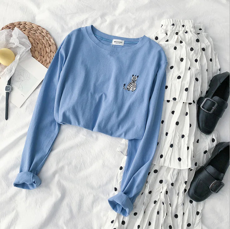 Embroidered Round Neck Loose Long Sleeve T-Shirt