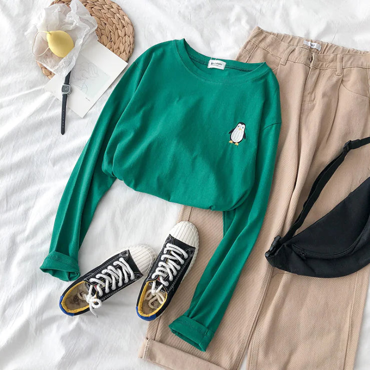 Embroidered Round Neck Loose Long Sleeve T-Shirt