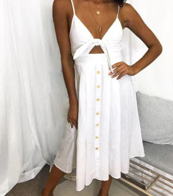 Summer Women's Dress, Button Bow Backless, Sexy Strap