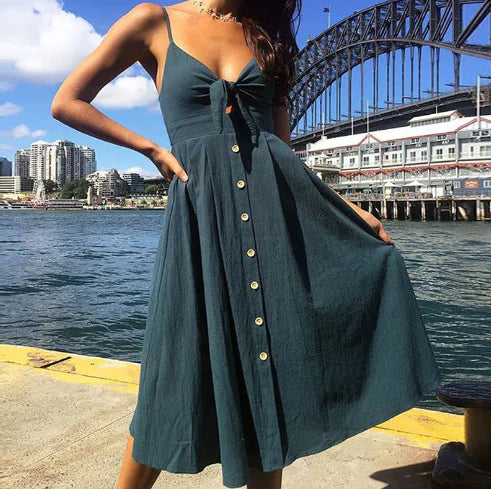 Summer Women's Dress, Button Bow Backless, Sexy Strap