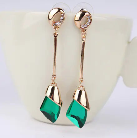 Korean Long Earrings with Diamond Geometric Crystals