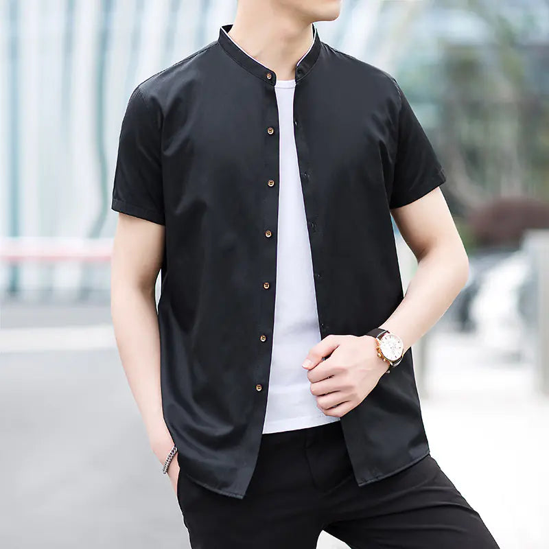 Men's Short Sleeve Summer Business Shirt - Stand Collar