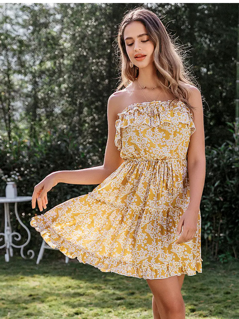 A-Line Strapless Mini Dress with Floral Ruffle Details