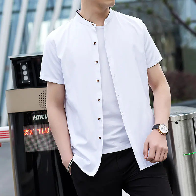 Men's Short Sleeve Summer Business Shirt - Stand Collar
