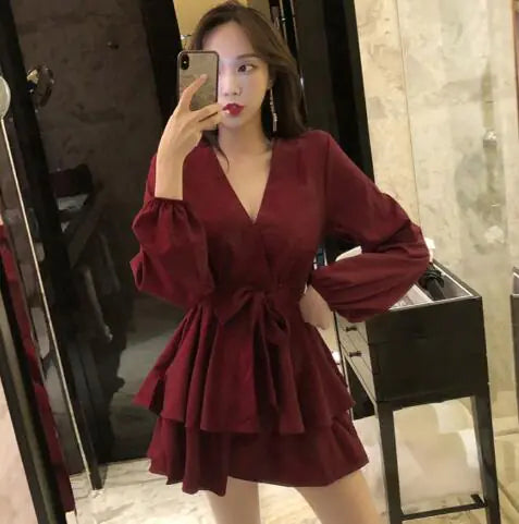 Chic Women's Pleated Dress with Deep V Neck