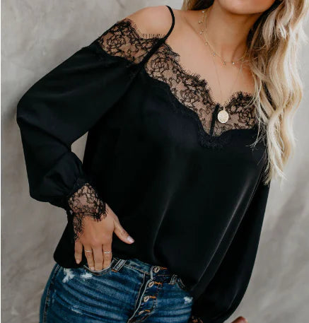 Spring Summer New Women's Pink Lace Top with Sleeves