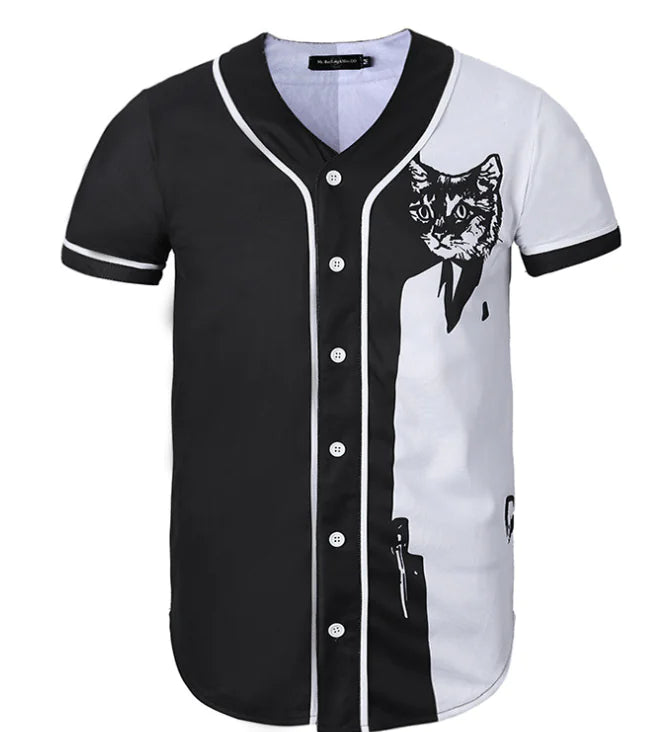 3D Black and White Cat Color Block Short Sleeve Shirt