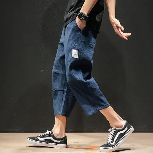 Japanese Plus Size Men's Black Linen Wall Shorts