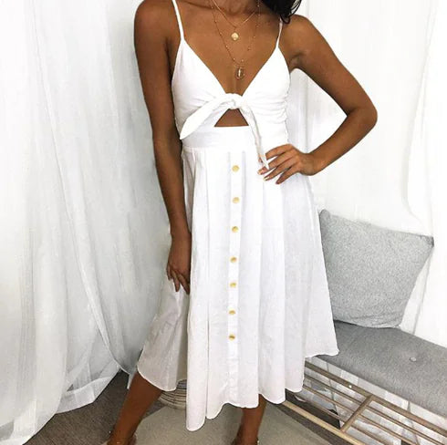 Summer Women's Dress, Button Bow Backless, Sexy Strap