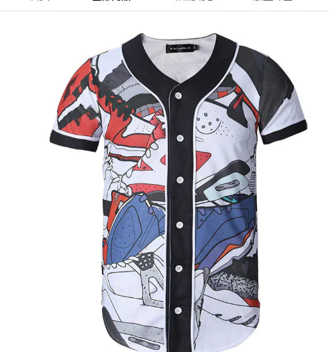 3D Black and White Cat Color Block Short Sleeve Shirt
