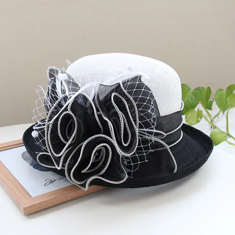 Lightweight Linen Women's Flower Sun Hat with Top Hat Curling