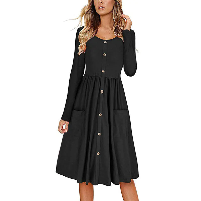 Solid Color Round Neck Buttoned Waist Dress