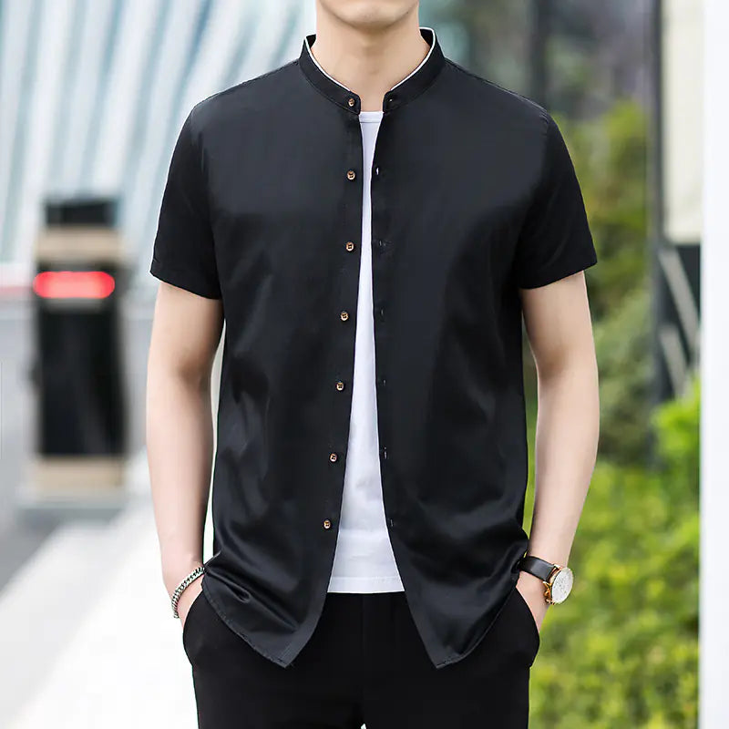 Men's Short Sleeve Summer Business Shirt - Stand Collar