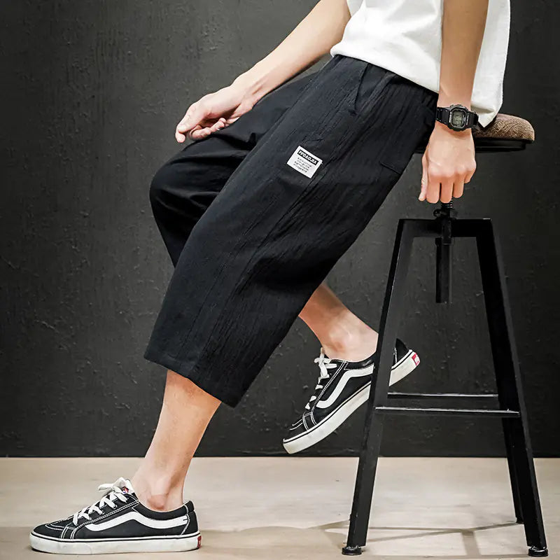 Japanese Plus Size Men's Black Linen Wall Shorts