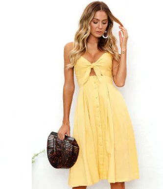 Summer Women's Dress, Button Bow Backless, Sexy Strap