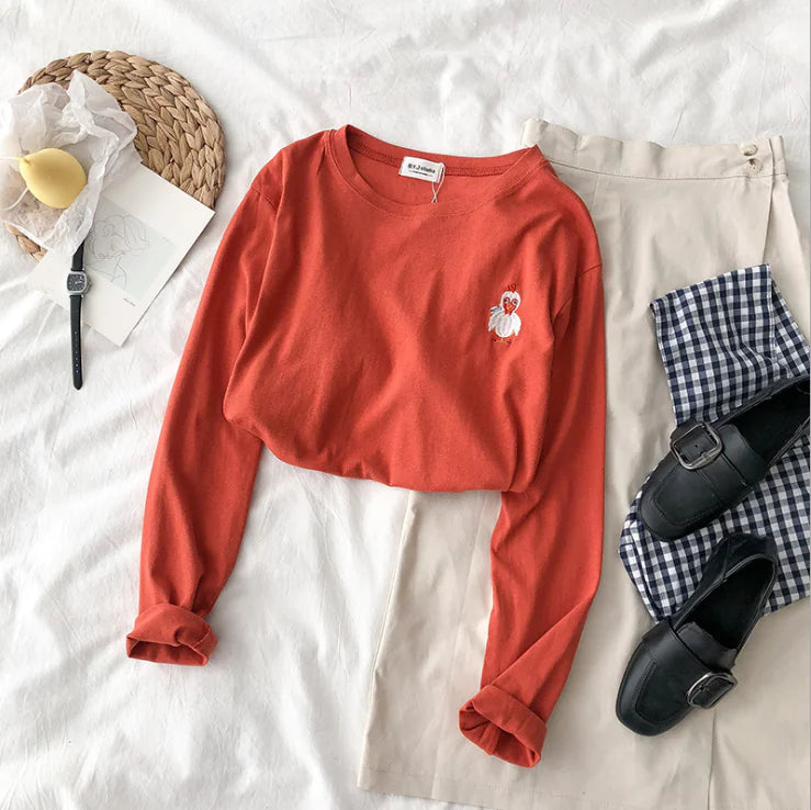 Embroidered Round Neck Loose Long Sleeve T-Shirt