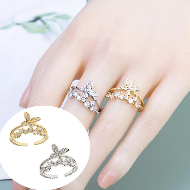 Double Butterfly Women's Copper Ring with Diamond Set