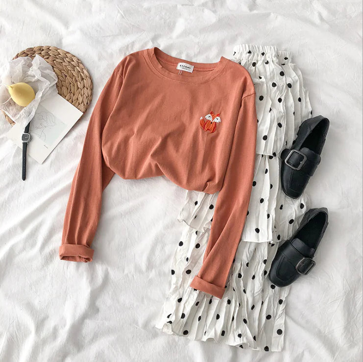 Embroidered Round Neck Loose Long Sleeve T-Shirt