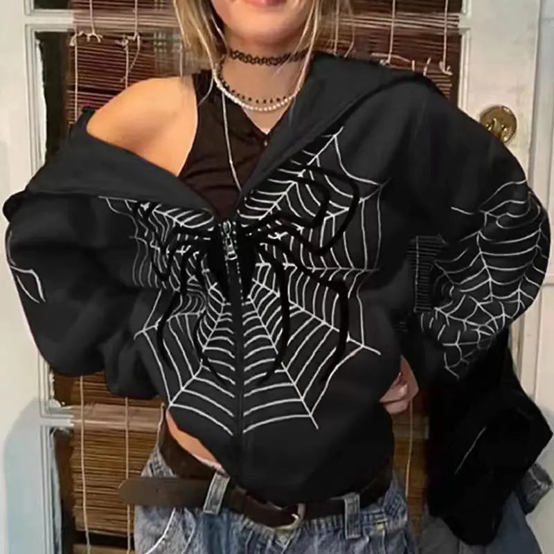 Autumn Winter Spider Web Print Full Zip Hoodie