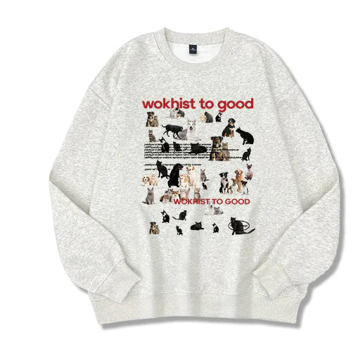 Retro Cartoon Cat and Puppy Gray Sweater