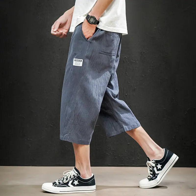Japanese Plus Size Men's Black Linen Wall Shorts
