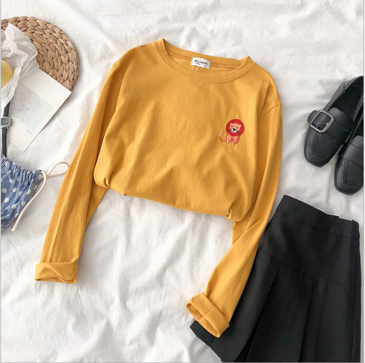 Embroidered Round Neck Loose Long Sleeve T-Shirt