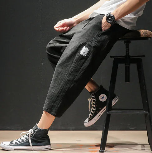 Japanese Plus Size Men's Black Linen Wall Shorts
