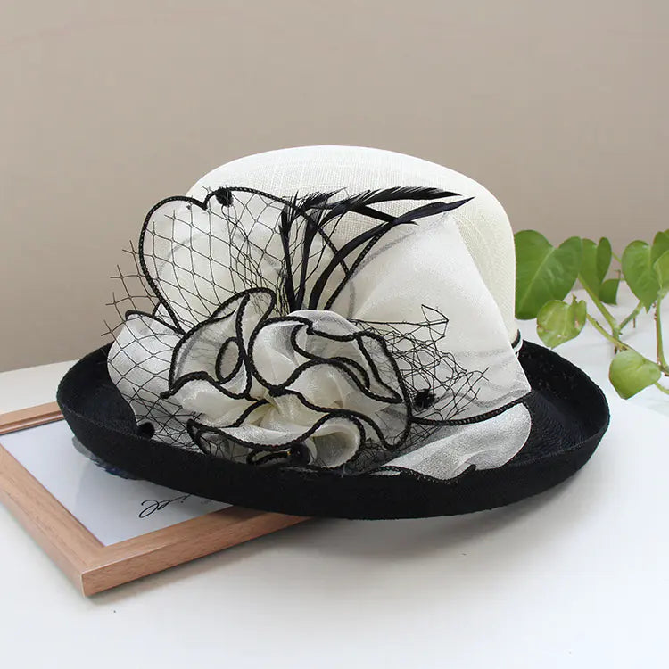 Lightweight Linen Women's Flower Sun Hat with Top Hat Curling