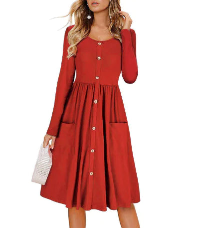 Solid Color Round Neck Buttoned Waist Dress