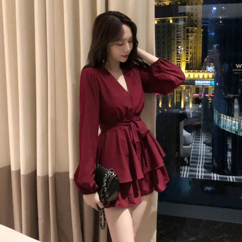 Chic Women's Pleated Dress with Deep V Neck