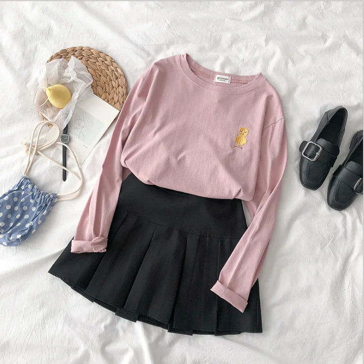 Embroidered Round Neck Loose Long Sleeve T-Shirt