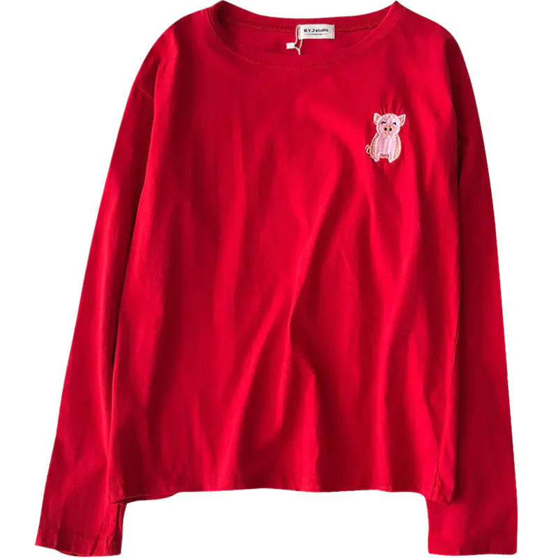 Embroidered Round Neck Loose Long Sleeve T-Shirt