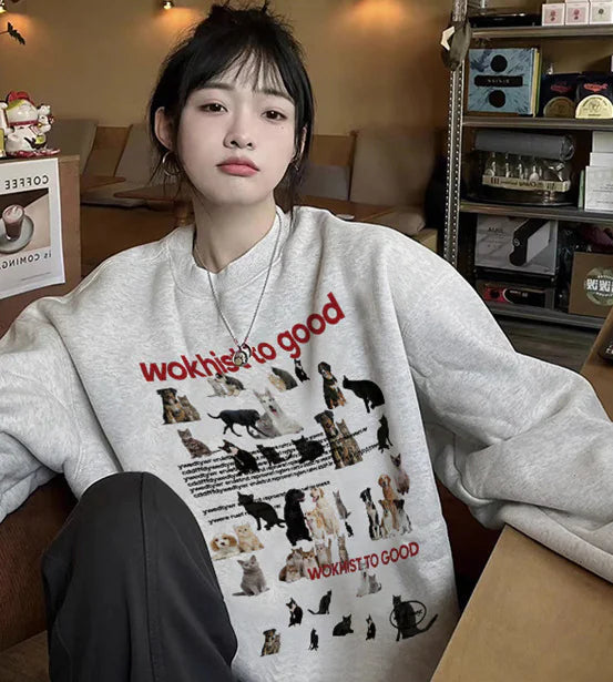 Retro Cartoon Cat and Puppy Gray Sweater