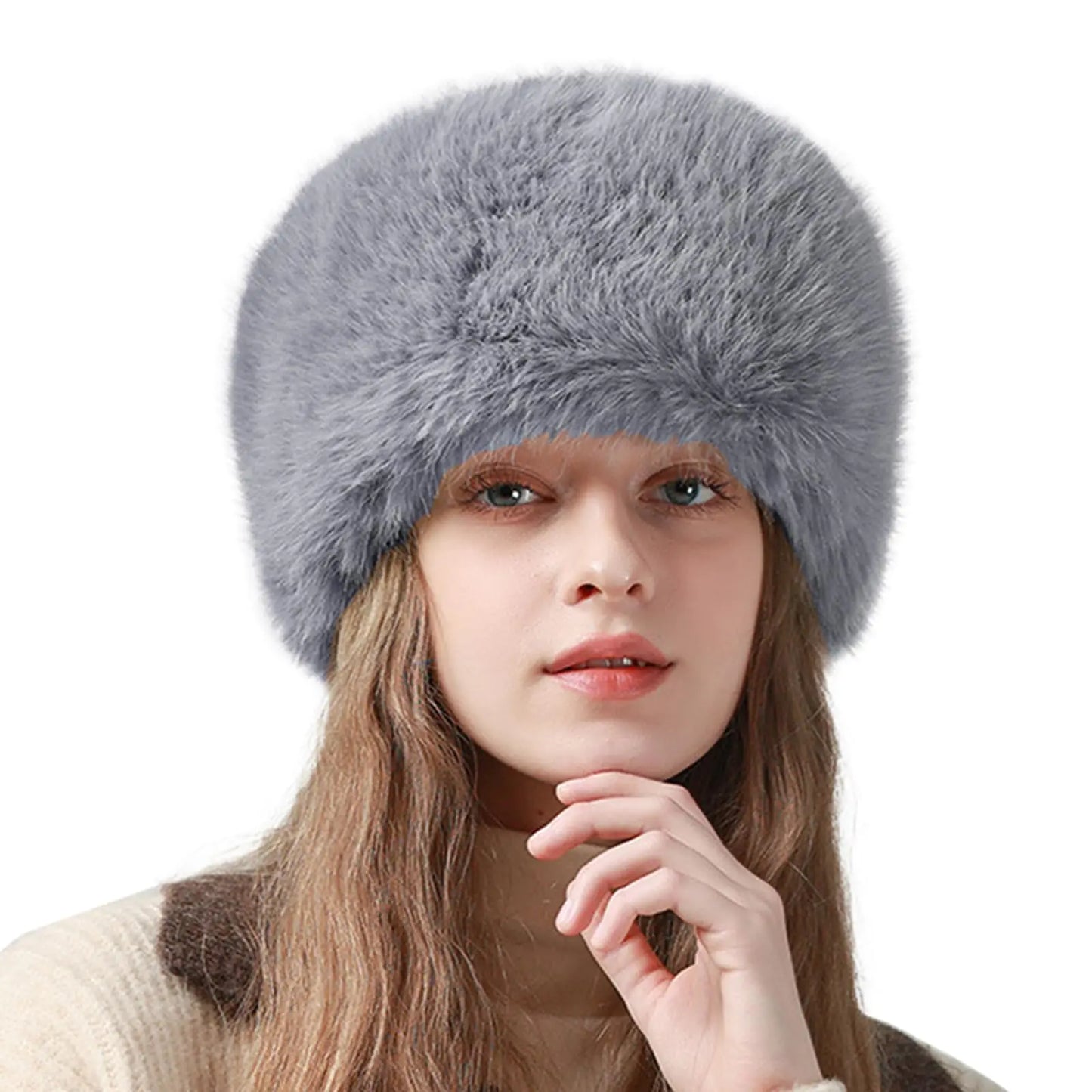 Peicees Winter Faux Fur Hat for Women Girls Cossack Russian Style Hat Ladies Ushanka Fuzzy Furry Hat Warm Fluffy Bucket Hat Grey