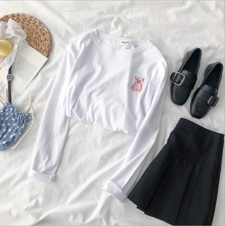 Embroidered Round Neck Loose Long Sleeve T-Shirt
