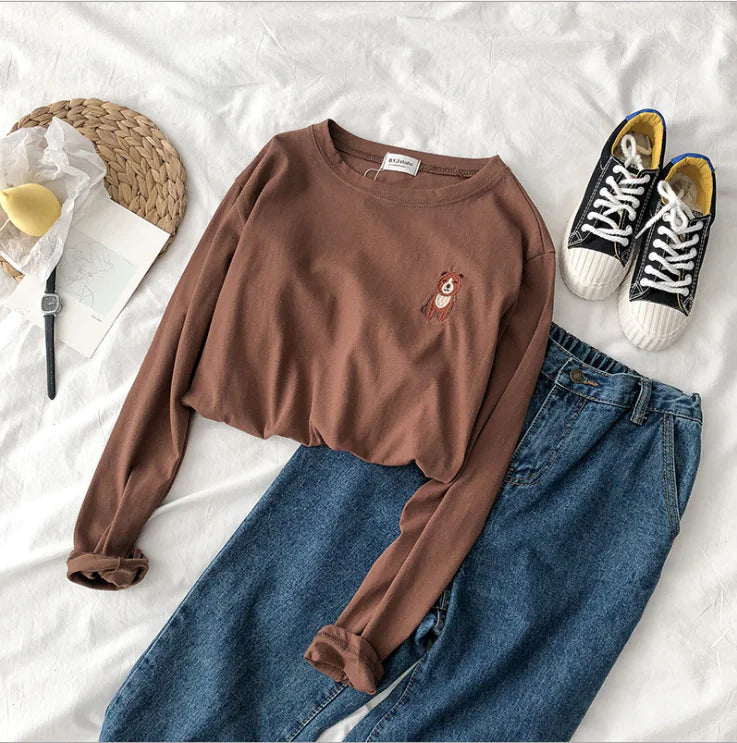 Embroidered Round Neck Loose Long Sleeve T-Shirt