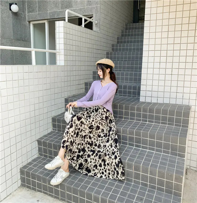 High Waist Slim Leopard Print Mid-Length Skirt